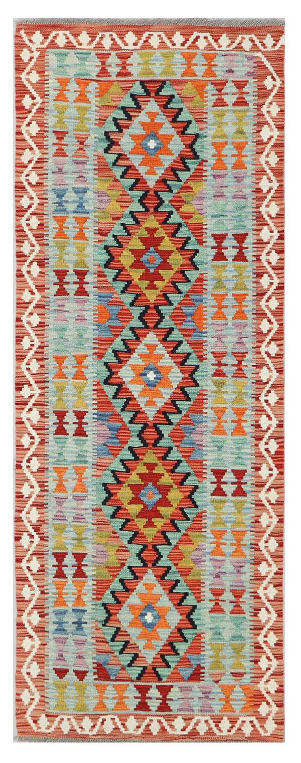 Handmade Afghan Maimana Kilim Runner 196cm x 75cm / 6ft 5in x 2ft 5in